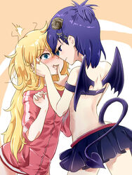  2girls blonde_hair blue_eyes blush demon_wings gabriel_dropout horns multiple_girls purple_eyes purple_hair shipping tagme tail tenma_gabriel_white tsukinose_vignette_april yuri 