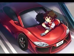  1boy :3 ahoge bad_id bad_pixiv_id bandaid blush brown_eyes brown_hair car chousoku_henkei_gyrozetter commentary_request letterboxed male_focus midriff motor_vehicle noble_m600 sakura_puchirou smile solo todoroki_kakeru vehicle_focus 