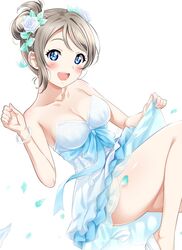  :d alternate_hairstyle bare_arms bare_legs bare_shoulders blue_bow blue_eyes blue_ribbon blush bow bracelet breasts cleavage clothes_lift collarbone commentary_request dress dress_bow dress_lift female floral_print flower hair_between_eyes hair_bun hair_flower hair_ornament highres jewelry legs looking_at_viewer love_live! love_live!_sunshine!! medium_breasts open_mouth petals ribbon sankuro_(agoitei) see-through simple_background single_hair_bun sitting smile strapless strapless_dress swept_bangs thank_you_friends!! thighs watanabe_you white_background white_dress white_footwear 