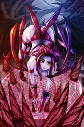  armor ass ass_up bare_shoulders bent_over bracers breasts cleavage clothed clothing detailed_background digital_media_(artwork) evelynn_(lol) eyebrows eyelashes facial_markings female footwear forehead_markings full-length_portrait garter_straps hair head_markings high-angle_view humanoid humanoid_pointy_ears league_of_legends leaning legwear lingerie lips looking_at_viewer magic magic_circle mammal markings nails not_furry outside panties portrait pose purple_body purple_hair purple_skin restricted_palette ribbons riot_games runes shadow shoes skimpy solo spikes symbol tassels tencent underwear waterring yellow_eyes 