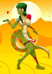  anthro athletic athletic_anthro athletic_female big_breasts bikini_outfit blowing_kiss bone_ornaments bottomwear breasts clothing dandabar desert dreaj1 fan_character female hair heart_symbol hi_res iguana iguanid lizard loincloth non-mammal_breasts one_eye_closed pinup ponytail pose priest reptile scalie skull_and_crossbones solo tribal voodoo wink zahara_(character) 