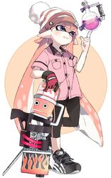  bad_id bad_twitter_id badge black_footwear black_leggings blaster_(splatoon) blouse blunt_bangs bobblehat bowling_glove brown_hat circle closed_mouth collared_shirt cross-laced_footwear female full_body gloves hand_on_weapon hat inkling inkling_girl inkling_player_character leg_up leggings light_blush logo long_hair maco_spl no_legwear on_finger pink_hair pink_shirt pointy_ears purple_eyes red_gloves shirt shoes short_sleeves simple_background single_vertical_stripe smile sneakers solo splatoon_(series) splatoon_2 standing standing_on_one_leg striped_clothes striped_headwear tentacle_hair toxic_mist_(splatoon) very_long_hair white_background 