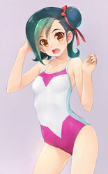  breasts commentary_request competition_school_swimsuit female green_hair hair_bun highres mizuki_kotori_(yu-gi-oh!) multicolored_hair one-piece_swimsuit photoshop_(medium) ribbon school_swimsuit short_hair single_hair_bun small_breasts solo swimsuit two-tone_hair wacchi yu-gi-oh! yu-gi-oh!_zexal 