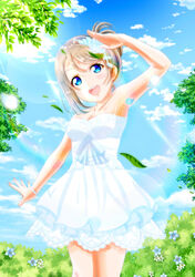  alternate_hairstyle armpits bare_arms bare_shoulders blue_eyes blush breasts bush cleavage cloud collarbone commentary_request day do10nn dress female flower grey_hair hair_between_eyes hair_flower hair_ornament leaf looking_at_viewer love_live! love_live!_sunshine!! medium_breasts open_mouth outdoors photoshop_(medium) salute sky smile solo strapless strapless_dress sunlight thank_you_friends!! tree watanabe_you white_dress 