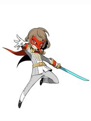  1boy akechi_gorou brown_hair cape energy_sword epaulettes highres lightsaber male_focus mask official_art oribe_hanako persona persona_5 persona_q2:_new_cinema_labyrinth persona_q_(series) red_eyes solo source_request sword weapon 