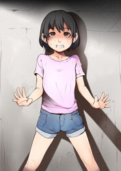  black_hair blush brown_hair clenched_teeth collarbone denim denim_shorts female female flat_chest j7w lolicon looking_at_viewer original scared shirt short_hair short_sleeves shorts solo standing sweat t-shirt teeth 