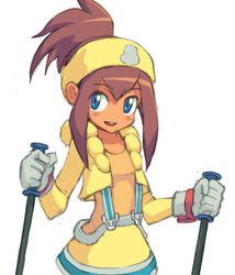  amy_gelande_(mega_man) blue_eyes blush brown_hair commentary_request cowboy_shot cropped_jacket female gloves hair_between_eyes headband high_ponytail lolicon long_hair mega_man_(series) mega_man_star_force mega_man_star_force_2 open_mouth photoshop_(medium) simple_background ski_pole smile solo white_background white_gloves yellow_headband yuusuke_(5yusuke3) 