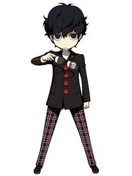  1boy amamiya_ren black_eyes black_hair blazer glasses highres jacket official_art oribe_hanako pants persona persona_5 persona_q2:_new_cinema_labyrinth persona_q_(series) plaid plaid_pants school_uniform shuujin_academy_school_uniform source_request 