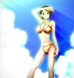  arai_chie bare_shoulders bikini black_hair breasts cloud female navel no_nose sayonara_zetsubou_sensei screencap short_hair solo standing stitched swimsuit 