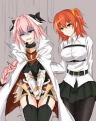  1boy armor artist_request belt blush bow braid breasts covering covering_crotch dress fate/apocrypha fate/grand_order fate_(series) female fujimaru_ritsuka_(female) garter_straps gauntlets hair_scrunchie large_breasts long_hair multicolored_hair oerba_yun_fang one_eye_closed open_mouth orange_hair pain pantyhose pink_hair purple_eyes rider_of_black scrunchie shiny shiny_hair short_dress short_hair side_ponytail single_braid tears thighhighs trap turn_pale two-tone_hair very_long_hair white_hair wince 