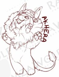  accessory akhera ambiguous_gender chibi felid fluffy hair happy headband lion mammal mane mane_hair monochrome pantherine paws ramzawolf red_and_white solo 