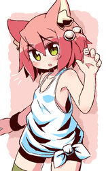  7th_dragon 7th_dragon_(series) animal_ear_fluff animal_ears armpits bare_arms bare_shoulders bike_shorts black_shorts blush breasts brown_background cat_ears collarbone commentary_request cosplay female fighter_(7th_dragon) fingernails green_eyes green_thighhighs hair_between_eyes hair_bobbles hair_ornament hand_up harukara_(7th_dragon) head_tilt hinata_channel looking_at_viewer multicolored_hair naga_u nekomiya_hinata nekomiya_hinata_(cosplay) one_side_up parted_lips pink_hair short_shorts shorts small_breasts solo tank_top thighhighs two-tone_hair virtual_youtuber white_background white_tank_top 