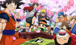  6+boys alcohol baby_be&#039;el beelzebub_(manga) black_hair bleach blonde_hair blue_hair blush brown_hair cherry_blossoms closed_eyes commentary crossover dango dragon_ball dragon_ball_z drunk eating english_commentary food fujisaki_yuusuke gintama goggles goggles_on_head hanami hand_fan happy hat highres katekyo_hitman_reborn! kurosaki_ichigo ladygt93 lamp lying male_focus microphone monkey_d._luffy multiple_boys music naruto naruto_(series) naruto_shippuuden oga_tatsumi one_piece open_mouth orange_hair party photoshop_(medium) reborn sakata_gintoki sake sandals sanshoku_dango sawada_tsunayoshi shounen_jump singing sitting sket_dance smile son_goku standing table toriko toriko_(series) uzumaki_naruto wagashi 