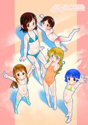  5girls bare_arms bare_legs barefoot bikini blue_hair blush breasts brown_eyes brown_hair closed_mouth collarbone double_v feet flat_chest full_body gradient gradient_background grin hands_on_own_face highleg highleg_bikini lolicon long_hair looking_at_viewer lowleg lowleg_bikini midriff multiple_girls navel nipples one-piece_swimsuit original outstretched_arm outstretched_hand short_hair small_breasts smile soles standing striped striped_bikini striped_legwear swimsuit teruki_kuma text thighhighs toes translation_request v 