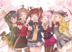  &gt;_o 5girls :d :o ;d alternate_costume ascot black_bow black_hair black_legwear black_necktie black_scrunchie black_skirt blazer blonde_hair blue_eyes blue_jacket blue_skirt blush bow bowtie breast_pocket brown_eyes brown_footwear brown_hair buttons canna_(granblue_fantasy) cherry_blossoms clenched_hand clenched_hands collar commentary_request cropped_jacket diantha_(granblue_fantasy) diola_(granblue_fantasy) dress frilled_dress frills granblue_fantasy green_dress grey_dress hair_bun hair_ornament hair_ribbon hair_scrunchie hand_on_headwear hands_on_another&#039;s_shoulders harie_(granblue_fantasy) hat hat_bow hat_ribbon highres jacket linaria_(granblue_fantasy) loafers locked_arms long_hair looking_at_viewer mary_janes minaba_hideo miniskirt multiple_girls neck_ribbon neckerchief necktie official_art one_eye_closed open_clothes open_jacket open_mouth outstretched_arm pantyhose pink_hair pink_skirt plaid plaid_skirt pleated_skirt pocket polka_dot polka_dot_scrunchie red_ascot red_bow red_jacket red_ribbon red_scrunchie ribbon sailor_collar sailor_dress scrunchie shoes short_hair side_ponytail single_hair_bun skirt smile socks sweater_vest thighhighs twintails v very_long_hair vest viewfinder white_footwear white_legwear white_sailor_collar yellow_bow yellow_bowtie yellow_eyes yellow_jacket yellow_necktie yellow_ribbon 