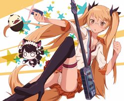  1boy 2girls :o animal_ears arisugawa_maple bad_id bad_pixiv_id bald black_footwear black_hair black_legwear blonde_hair blush boots bow breasts bridal_garter bullfalk cat_ears cat_girl cat_tail chibi clenched_hand colored_skin curly_hair cyan_(show_by_rock!!) dog_tail dutch_angle facial_hair glasses guitar hair_ribbon hairband high_heels holding instrument knee_up lace lolita_fashion lolita_hairband long_hair loose_necktie miniskirt moustache multiple_girls necktie no_pupils o_o open_mouth outstretched_arm panties pantyshot pleated_skirt retoree_(show_by_rock!!) ribbon school_uniform serafuku shirt show_by_rock!! size_difference skirt sleeve_cuffs small_breasts star_(symbol) strap striped sweatdrop tail thigh_boots thighhighs twintails underwear v-shaped_eyebrows very_long_hair white_panties white_skin yellow_eyes 