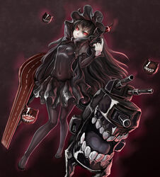  abyssal_ship black_hair commentary dress female fuuko_chan gothic_lolita horns isolated_island_oni kantai_collection lolita_fashion long_hair pale_skin pantyhose red_eyes solo white_hair 