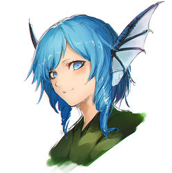  blue_eyes blue_hair closed_mouth commentary_request eyelashes female fins head_fins kinketsu looking_at_viewer portrait smile solo touhou wakasagihime 