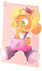  absurd_res accessory activision anthro bandicoot biped black_nose blonde_hair clothing coco_bandicoot computer crash_(series) electronics female flower flower_in_hair footwear fur green_eyes hair hair_accessory hi_res laptop long_hair mammal marsupial neceet orange_body orange_fur plant ponytail signature sitting solo 