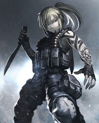  ammunition belt blonde_hair blue_eyes buckle bulletproof_vest commentary_request feet_out_of_frame female fingerless_gloves gloves hetza_(hellshock) holding holding_weapon knee_pads knife original ponytail pouch reverse_grip shotgun_shell snap-fit_buckle solo suzumi_(hetza) tattoo weapon 