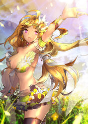  armband armpits bandeau bikini bikini_top_only blonde_hair blurry breasts bug butterfly choker cleavage commentary_request cowboy_shot depth_of_field female flower forsythia grass green_bikini hair_flower hair_ornament highres jewelry large_breasts lens_flare long_hair nal_(nal&#039;s_pudding) necklace original personification photoshop_(medium) pocketland purple_eyes reaching ring shadow skirt solo swimsuit thighhighs wristband 