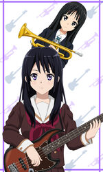  2girls akiyama_mio black_eyes black_hair commentary_request company_connection cp9a crossover guitar hibike!_euphonium instrument k-on! kitauji_high_school_uniform kousaka_reina kyoto_animation long_hair multiple_girls neckerchief photoshop_(medium) purple_eyes red_neckerchief role_reversal sakuragaoka_high_school_uniform school_uniform trumpet 