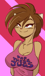  2015 3:5 anthro big_breasts blush breasts brown_hair cleavage clothed clothing digital_media_(artwork) elexis_(mramp) female hair humor mammal mastergodai mramp mrs._amp_(mramp) mustelid musteline rule_63 shirt short_hair slim smile smug solo tank_top topwear true_musteline weasel 