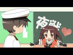  +_+ 1boy :d admiral_(kancolle) animated animated arms_up blush chalkboard female hat heart indoors kantai_collection letterboxed lucky_star military military_uniform naval_uniform night_battle_idiot open_mouth paffendorf parody sailor school_uniform sendai_(kancolle) serafuku ship smile sparkling_eyes star-shaped_pupils star_(symbol) style_parody symbol-shaped_pupils translated twintails uniform upper_body watercraft 