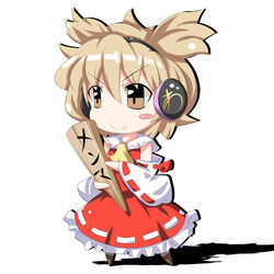  ascot blush_stickers brown_eyes chibi closed_mouth commentary_request cosplay detached_sleeves earmuffs female frilled_skirt frills full_body hakurei_reimu hakurei_reimu_(cosplay) highres kikurage_(sugi222) light_brown_hair name_connection object_namesake pun red_skirt ribbon-trimmed_sleeves ribbon_trim ritual_baton shadow simple_background skirt skirt_set smile solo touhou toyosatomimi_no_miko white_background 