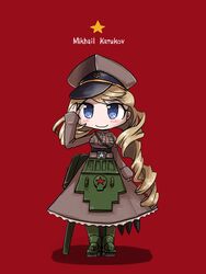  blonde_hair blue_eyes blush boots character_name coat commentary_request drill_hair female hat highres kuchenkov_(milihime_taisen) long_hair looking_at_viewer mecha_musume milihime_taisen military military_uniform peaked_cap salute smile solo star_(symbol) tao_(kadoya) trench_coat uniform weapon 