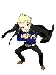  1boy blonde_hair blue_eyes gakuran highres houndstooth jacket jacket_on_shoulders male_focus official_art oribe_hanako persona persona_4 persona_q2:_new_cinema_labyrinth persona_q_(series) piercing scar school_uniform solo source_request tatsumi_kanji yasogami_school_uniform 