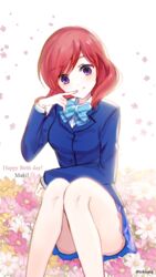  bad_id bad_pixiv_id blazer character_name cosmos_(flower) female field finger_to_mouth flower flower_field jacket looking_at_viewer love_live! love_live!_school_idol_project miniskirt nishikino_maki otonokizaka_school_uniform pleated_skirt purple_eyes red_hair sandeul school_uniform short_hair sitting skirt smile solo 