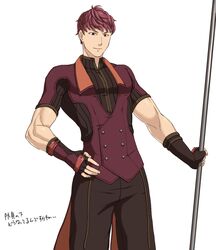  1boy alternate_costume asutarou brown_eyes commentary_request fingerless_gloves fire_emblem fire_emblem_echoes:_shadows_of_valentia gloves lukas_(fire_emblem) male_focus partial_commentary polearm red_hair simple_background solo spear upper_body weapon white_background 