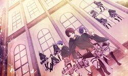  armin_arlert cape christa_renz conny_springer eren_jaeger hanji_zoe irvin_smith jean_kirchstein mikasa_ackerman rivaille sasha_browse shingeki_no_kyojin sword uniform weapon ymir_(shingeki_no_kyojin) 