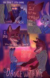  anthro buckteeth canid canine dancing dialogue disney duo female fox green_eyes hi_res judy_hopps lagomorph leporid long_ears male male/female mammal nick_wilde purple_eyes rabbit samaella teeth text zootopia 