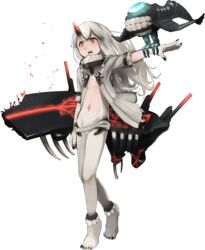  abyssal_patrolling_attack_hawk abyssal_ship ankle_cuffs bad_anatomy bad_arm barefoot black_nails blush broken cannon collar colored_skin enemy_aircraft_(kancolle) escort_princess female flat_chest full_body horns kantai_collection long_hair nail_polish navel no_pants official_art open_clothes open_mouth open_shirt outstretched_arm red_eyes red_skin revealing_clothes shibafu_(glock23) shirt single_horn solo tachi-e transparent_background white_hair white_skin 