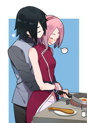  1boy black_hair boruto:_naruto_the_movie commentary egg female frying_pan hug hug_from_behind husband_and_wife luo. naruto_(series) pink_hair sakura_haruno salt_shaker uchiha_sasuke 