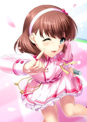  belt blush breasts brown_hair buttons chains cherry_blossoms commentary_request female finger_to_mouth hair_ribbon highres idolmaster idolmaster_cinderella_girls kira!_mankai_smile_(idolmaster) long_sleeves looking_at_viewer medium_breasts microphone miniskirt one_eye_closed open_mouth petals photoshop_(medium) pink_shirt pink_skirt pinky_to_mouth ribbon sakuma_mayu shirt short_hair skirt smile solo thighs wrist_cuffs zen_(kamuro) 