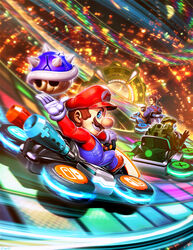  3boys armor assault_visor blue_eyes blue_shell_(mario) brown_hair commentary console_war crossover english_commentary facial_hair genzoman go-kart grin halo_(series) hat helmet hover_vehicle male_focus mario mario_(series) mario_kart mario_kart_64 mario_kart_8 master_chief moustache multiple_boys multiple_crossover nathan_drake orange_visor photoshop_(medium) race_vehicle rainbow_road short_hair smile spartan_(halo) uncharted 