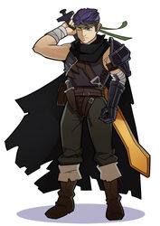  ankle_boots asymmetrical_clothes belt berserk boots brown_footwear buckle cape cosplay fire_emblem fire_emblem:_souen_no_kiseki full_body guts guts_(cosplay) headband highres holding holding_sword holding_weapon ike looking_at_viewer male_focus md5_mismatch pants shoulder_pads simple_background solo spiked_hair splashbrush standing super_smash_bros. sword weapon white_background 