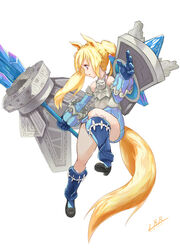  absurdres animal_ears armor bare_shoulders blonde_hair boots breastplate commentary_request crystal dated detached_sleeves elin female flat_chest flower fox_ears fox_tail full_body gloves halterneck high_heels highres holding holding_weapon huge_weapon kneehighs lancer_(tera_online) leg_lift leotard long_hair looking_to_the_side parted_lips profile purple_eyes rockman932 shield signature simple_background socks solo tail tail_through_clothes tera_online twintails weapon white_background 