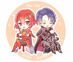  1boy armor blue_hair blush chibi closed_eyes commentary_request cup dinikee english_text female fire_emblem fire_emblem:_mystery_of_the_emblem fire_emblem:_path_of_radiance fire_emblem:_radiant_dawn gloves headband highres holding holding_cup holding_plate minerva_(fire_emblem) plate red_armor red_eyes red_hair short_hair smile spoilers tea teacup zelgius_(fire_emblem) 