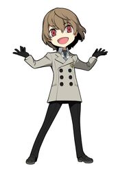  1boy akechi_gorou black_gloves brown_hair gloves grey_jacket highres jacket male_focus necktie official_art oribe_hanako persona persona_5 persona_q2:_new_cinema_labyrinth persona_q_(series) red_eyes smile solo source_request 