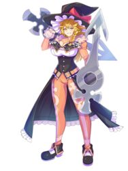  black_hat blonde_hair bow braid breasts cleavage collarbone commentary_request cookie_(touhou) cosplay dual_wielding female freckles full_body fur_collar guilty_gear guilty_gear_xrd hairbow hat hat_bow highres holding holding_weapon kirisame_marisa kohaku_(cookie) large_breasts leo_whitefang leo_whitefang_(cosplay) long_hair looking_at_viewer orange_pants pants red_bow shoes side_braid single_braid solo standing tarmo touhou transparent_background weapon witch_hat yellow_eyes 