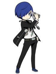  1boy belt blue_hair evoker gekkoukan_high_school_uniform grey_eyes hair_over_one_eye hand_in_pocket headphones highres male_focus official_art oribe_hanako persona persona_3 persona_q2:_new_cinema_labyrinth persona_q_(series) school_uniform solo source_request yuuki_makoto_(persona_3) 