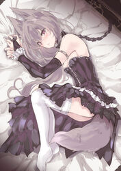  animal_ears ass bare_shoulders bed_sheet black_dress blush branded bridal_gauntlets chains collar commentary crying dress female fetal_position fox_ears fox_girl fox_tail grey_hair highres leash long_hair looking_at_viewer lying nail_polish no_shoes on_side original own_hands_together parted_lips pink_eyes solo strapless strapless_dress tail tearing_up tears thighhighs thighs touma_kisa upskirt very_long_hair white_nails white_thighhighs 