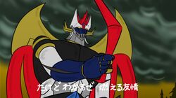  1970s_(style) blade boomerang cloud cloudy_sky commentary_request great_mazinger highres mazinemperor_g mazinger_(series) mazinger_z mecha no_humans parody retro_artstyle robot science_fiction sky style_parody super_robot super_robot_wars super_robot_wars_v translation_request upper_body yuuki_(gatama) 