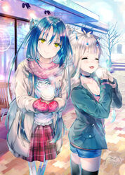  2girls :3 :d baozi black_choker black_legwear black_shirt blue_hair blue_jacket blue_shorts blue_sky brown_coat chair choker closed_eyes closed_mouth cloud coat collarbone commentary_request cup day disposable_coffee_cup disposable_cup english_text food fringe_trim head_tilt holding holding_cup holding_food horns jacket long_hair long_sleeves mittens multiple_girls oerba_yun_fang open_clothes open_coat open_jacket open_mouth original outdoors pink_scarf pink_sweater plaid plaid_skirt pleated_skirt red_mittens red_skirt scarf shirt short_shorts shorts signature skirt sky sleeves_past_wrists smile sweater tamaki_mitsune thighhighs very_long_hair white_hair white_shirt 