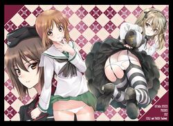  3girls ass bandages black_border black_bow black_footwear black_hat black_jacket black_neckwear black_skirt black_thighhighs blouse boko_(girls_und_panzer) border bow bowtie brown_eyes brown_hair butt_crack casual closed_mouth collared_shirt commentary_request copyright_name cover cover_page doujin_cover dress_shirt english_text fanbook garrison_cap garter_straps girls_und_panzer green_skirt hat high-waist_skirt high_heels holding holding_stuffed_toy jacket kuromorimine_military_uniform layered_skirt light_brown_hair long_hair long_sleeves looking_at_viewer looking_back lowleg lowleg_panties mary_janes medium_skirt military military_hat military_uniform miniskirt multiple_girls neckerchief nishizumi_maho nishizumi_miho one_side_up ooarai_school_uniform panties parted_lips pleated_skirt red_shirt school_uniform serafuku shimada_arisu shirt shoes short_hair siblings sisters skirt smile standing striped_clothes striped_thighhighs stuffed_animal stuffed_toy suspender_skirt suspenders teddy_bear thighhighs ugeppa underwear uniform white_panties white_shirt 