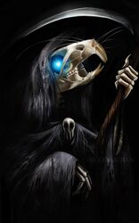  2018 5_fingers absurd_res black_background blue_eyes bone cloak clothing death_(personification) death_of_rats digital_media_(artwork) fingers grim_reaper hi_res ink-leviathan mammal murid murine rat rodent simple_background skull solo 